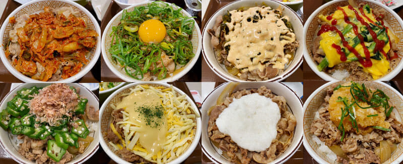 すき家の牛丼レギュラーメニュー（８種類）
