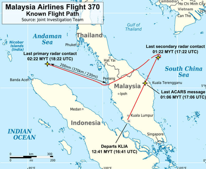 MH370便の軌跡