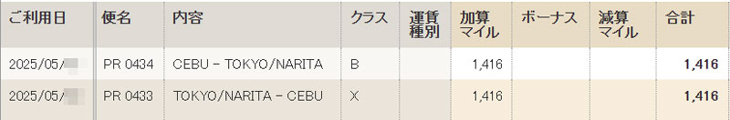 ANAマイル積算画面