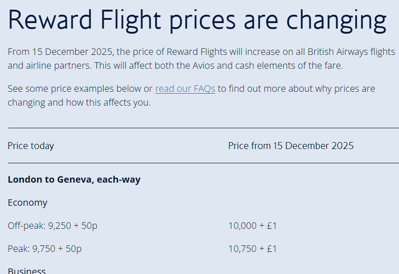 ブリティッシュ・エアウェイズ 特典航空券の必要マイル数を変更(2025年12月)
