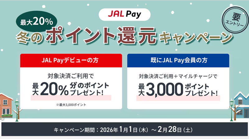 JAL Pay 冬の最大20%ポイント還元キャンペーン
