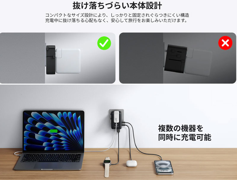 Anker Nano トラベルアダプタ 抜けにくい設計