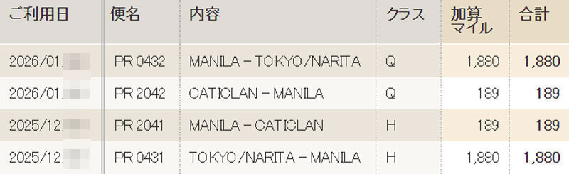 ANAマイル事後登録結果 フィリピン航空