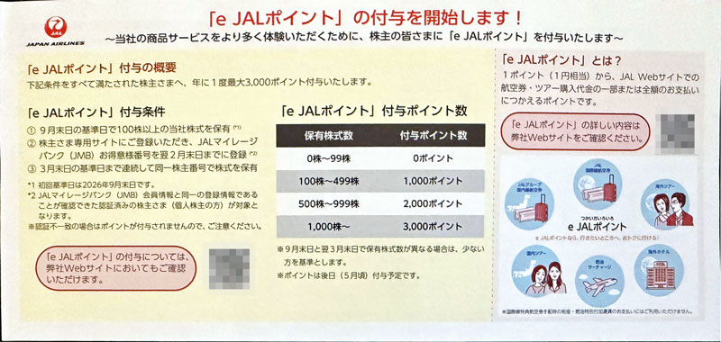 JAL株主優待 eJALポイント配布のお知らせ