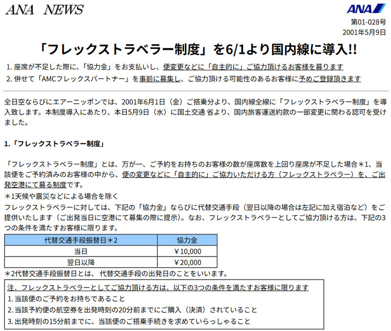 フレックストラベラー制度開始 ANA 2001年