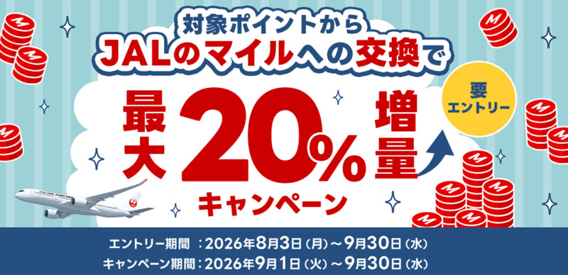 対象ポイントからJALのマイルへの交換で最大20%増量キャンペーン 2026年9月