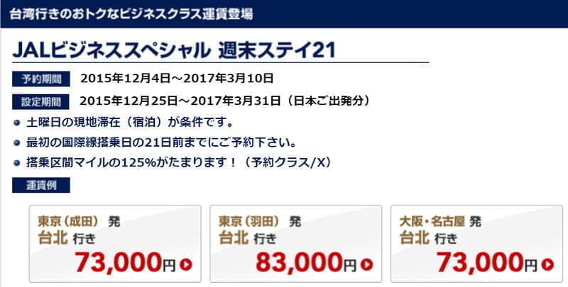 JALビジネススペシャル「週末ステイ21 台湾行」はFOP単価13円だが土曜出発、日曜帰国が可能。