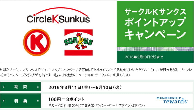 アメックス「サークルK・サンクスで100円につき3ポイント(≒3マイル)」のポイントアップキャンペーン