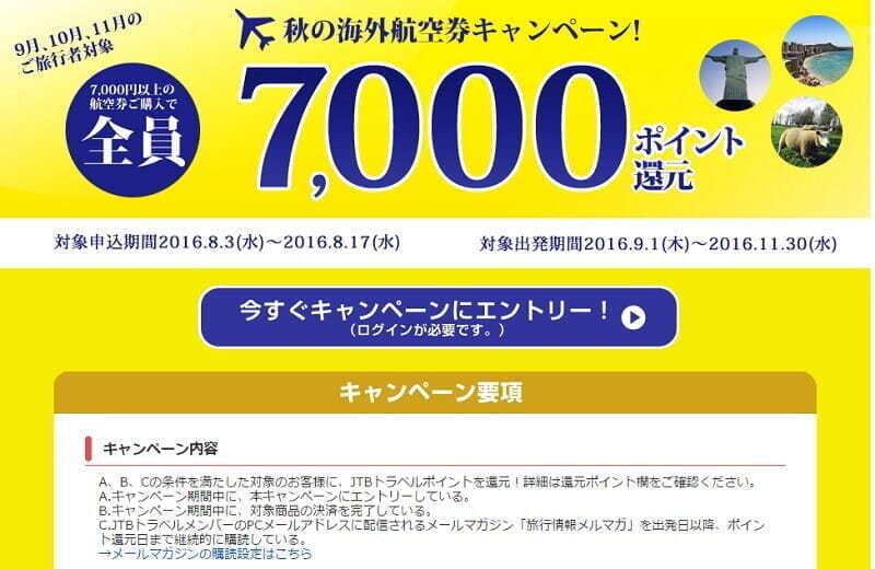 JTB「秋の海外航空券キャンペーン」で7000ポイント還元。台湾行きチャイナエアラインなら更に3000ポイントなど。