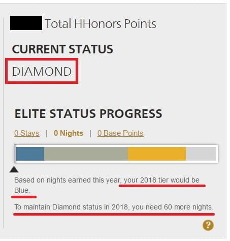 ステータスマッチでのヒルトン「ダイヤモンド」資格、2018年まで延長された人もいる模様。