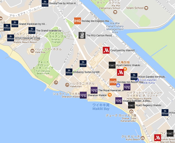 ハワイの外資系ホテル分布をgooglemaps地図でみる Ihg Spg Marriot Hilton Ritz Carlton Accor Best Western Hyatt やじり鳥