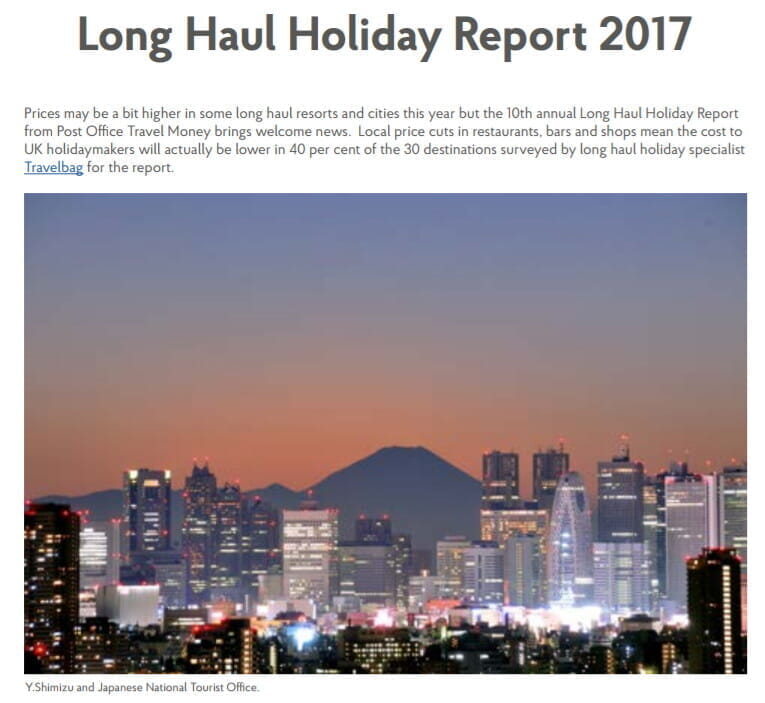 日本の東京が、英「Long Haul Holiday Report 2017」ランキングで「物価の安い長距離の旅行先 No1」に輝く