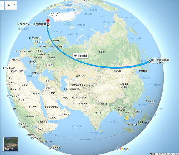 Google Mapsの地球儀表示対応で、飛行機による空港間直線も地球儀上で表示可能に