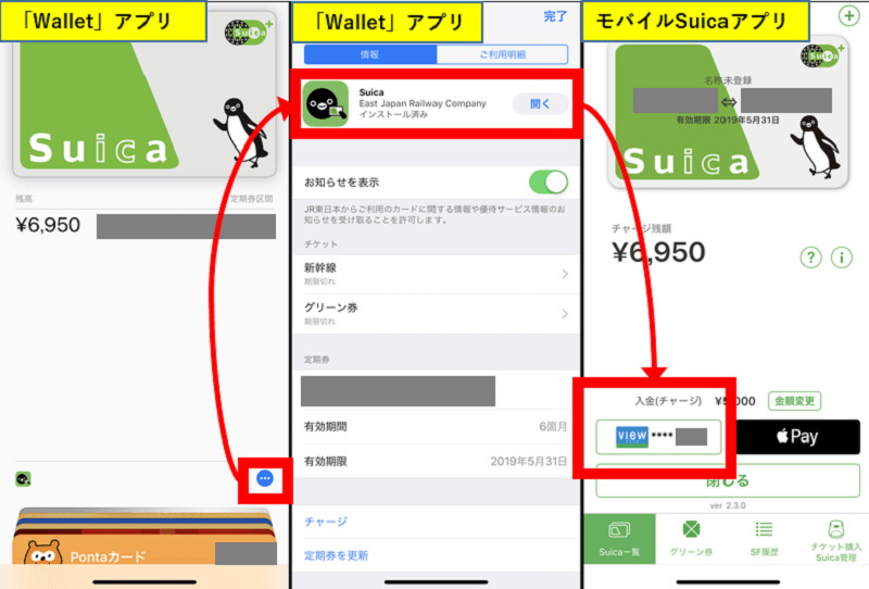 Walletアプリ→モバイルSuicaアプリ→クレカ払い