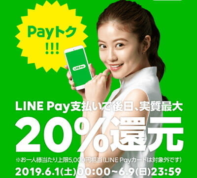 LINE Pay「Payトク 最大20%還元」（6/1～6/9）